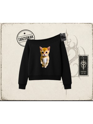 Tarzsokak Unisex Sad Cat El Gato Kadın Kayık Yaka Sweatshirt Beyaz