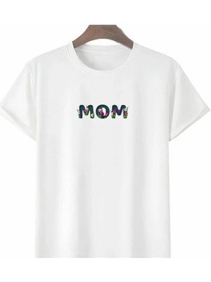 İlk El Grup Anneler Günü Hediye Mom Çiçek Baskılı Oversize Bisiklet Yaka T-Shirt - Beyaz