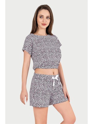Obje Kadın Pembe Leopar Desen Yarım Kol Crop