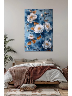 Çiçek Baskılı Cam Tablo – Mavi Beyaz Floral Desenli Şık Dekoratif Duvar Tablosu