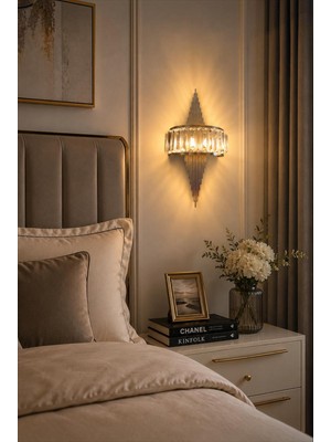 Elizim Home Lighting Modern Kristal Krom LED Duvar Apliği 45X15 cm Elektrikli & Pilli Salon Yatak Odası Antre Koridor Luxury