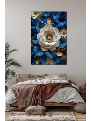 Mavi Çiçek Baskılı Cam Tablo – Altın Detaylı 3D Görünümlü Lüks Floral Duvar Dekoru