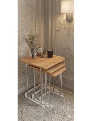 Eryalux Home 3'lü Kare Zigon Sehpa (Gümüş-Çam)