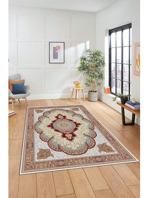 Hsc Bilişim Dijital Kaymaz Yıkanabilir Çerçeveli Göbekli Klasik Desen Salon Halısı Klasi̇k-02, Bordo, 100 x 150