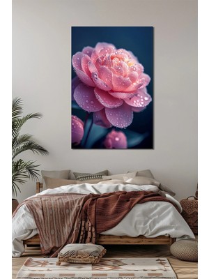 Pembe Gül Baskılı Cam Tablo – Su Damlalı Çiçek Desenli Dekoratif Duvar Tablosu
