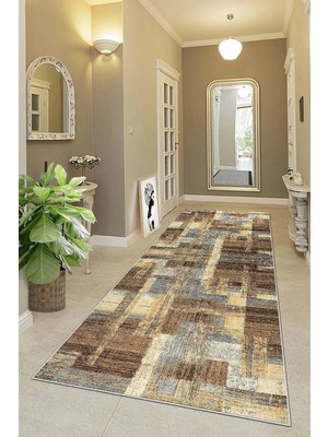 Hsc Bilişim Pelangi Kilim Desenli Dijital Baskı Yıkanabilir Kaymaz Taban Etnik Salon Halısı ve Yolluk, Bej 80 x