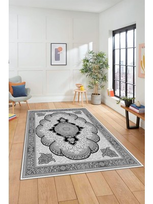 Hsc Bilişim Dijital Kaymaz Yıkanabilir Çerçeveli Göbekli Klasik Desen Salon Halısı Klasi̇k-02, Gri, 40 x 60