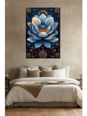 Mavi Çiçek Baskılı Cam Tablo – Altın Detaylı Lotus Desenli Dekoratif Duvar Tablosu