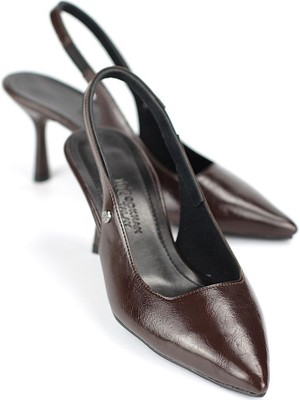 Gökhan Talay Lady Sunna Vivienner Kahverengi Rugan Sivri Burun Açık Topuklu (Slingback) Lastikli 7 cm Ince Topuk Kadın Ayakkabı Yumuşak Esnek Kaymaz Taban