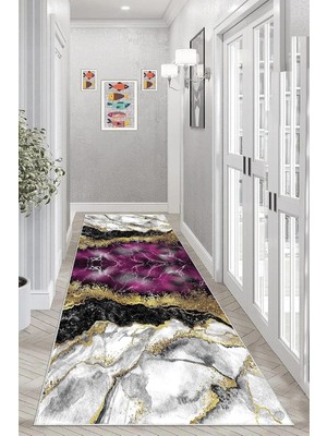 Hsc Bilişim Pelangi Mermer Desenli Gold Şeritli Dijital Baskı Yıkanabilir Kaymaz Taban Modern Salon Halısı, Mor