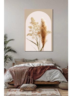 Pampas Otu Baskılı Cam Tablo – Bej Tonlu Minimalist Bitki Duvar Dekoru