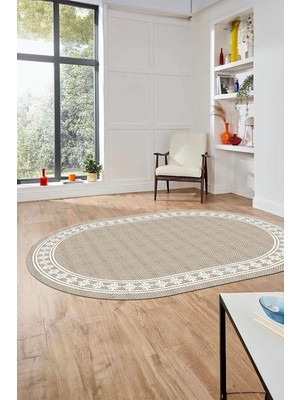 Hsc Bilişim Çerçeveli Jüt-Hasır Desen Kaymaz Taban Yıkanabilir Modern Oval Yolluk Salon Halısı O-Jüt-20, Krem R