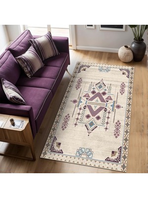Hsc Bilişim Plum Kadife Kaymaz Pamuk Tabanlı Yıkanabilir Antibakteriyel Salon Halısı (120X180, Kilim Desenli)