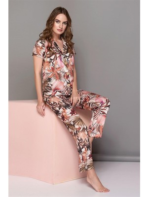 Obje Kadın Yaprak Desen Önü Düğmeli Pijama Takım