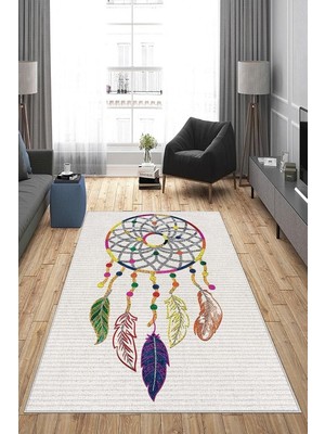 Hsc Bilişim Pelangi Gri Dreamcatcher Yıkanabilir Kaymaz Taban Leke Tutmaz Modern Salon Halısı ve Yolluk, Bej-Re