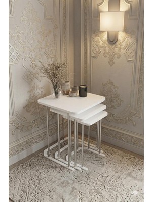 Eryalux Home 3'lü Kare Zigon Sehpa (Gümüş-Beyaz)