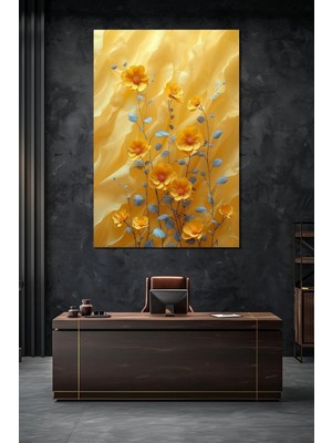 Sarı Çiçek Baskılı Cam Tablo – Modern Floral Desenli Dekoratif Duvar Tablosu