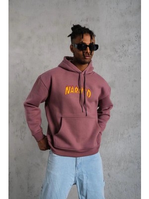 İlk El Grup Erkek 3 Iplik Pamuklu Kapüşonlu Baskılı Cepli Oversize Sweatshirt Hoodie - Gül Kurusu