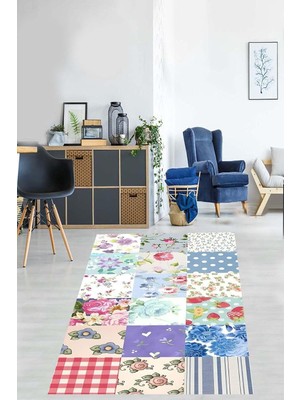 Hsc Bilişim Pelangi Patchwork Kırkyama Desenli Güllü Yıkanabilir Kaymaz Taban Leke Tutmaz Salon Halısı Yoluk, M