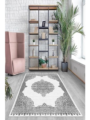 Hsc Bilişim Pelangi Siyah Çerçeveli Göbekli Yıkanabilir Kaymaz Taban Leke Tutmaz Modern Salon Halısı ve Yolluk,