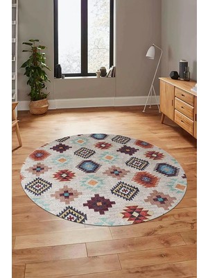 Hsc Bilişim Etnik Baskılı Kaymaz Taban Yıkanabilir Modern Yuvarlak Salon Halısı Y-Modern-99, Çok Renkli, 60 x 6