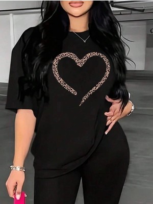 İlk El Grup Kadın Kalp Baskılı T-Shirt Kısa Kol Bisiklet Yaka Oversize Tişört - Siyah