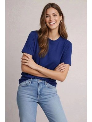 İlk El Grup Kadın Tişört Osy Modal Yumuşak Dokulu Kumaş Bisiklet Yaka T-Shirt - Lacivert