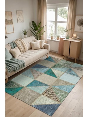 Hsc Bilişim Latte Dizayn Lavi Patchwork Desenli Şönil Pamuk Tabanlı Yıkanabilir Kaymaz Antibakteriyel Salon Hal