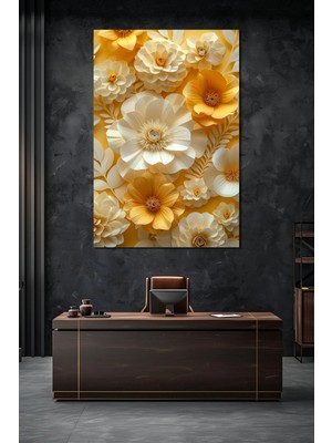 Çiçek Baskılı Cam Tablo – 3D Görünümlü Sarı Beyaz Floral Dekoratif Duvar Tablosu