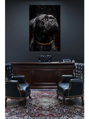 Siyah Köpek Baskılı Cam Tablo – Yağmur Efektli Gold Zincir Detaylı Modern Duvar Dekoru