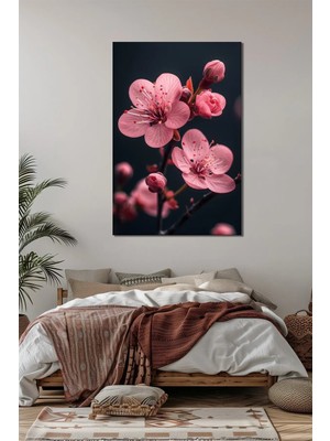 Pembe Çiçek Baskılı Cam Tablo – Minimal Sakura Dalı Dekoratif Duvar Tablosu