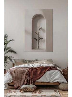 Minimalist Gül Baskılı Cam Tablo – Niş Içinde Beyaz Gül Modern Duvar Dekoru