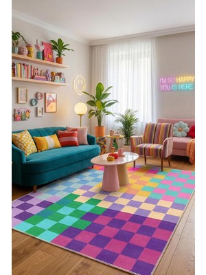 Hsc Bilişim Mosaica Modern Şönil Doğal Pamuk Tabanlı Salon Halısı Kaymaz Yıkanabilir Çevre Dostu 100X150 cm