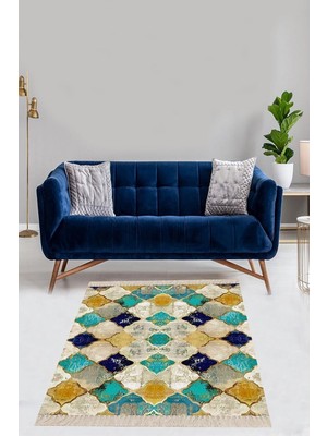 Hsc Bilişim Pelangi Osmanlı Motif Baskılı Yıkanabilir Kaymaz Taban Halı, Bej 160 x 240