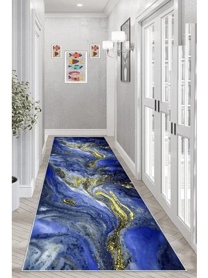 Hsc Bilişim Pelangi Gold Detaylı Okyanus Esintili Dijital Baskı Yıkanabilir Modern Salon Halı, Lacivert 80 x 60