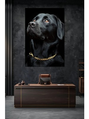 Siyah Köpek Baskılı Cam Tablo – Gold Zincir Detaylı Modern ve Şık Duvar Dekoru