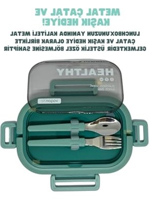 Hakay Bento 1650ML Lunchbox 2 Katlı 3 Bölmeli Paslanmaz Çelik Sefer Tası Yemek Kutusu (Yeşil)