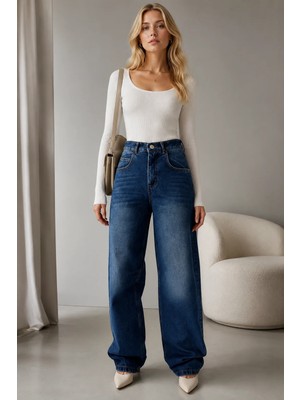 Shevega Kadın Lacivert Arka Kemer Tokalı Yüksek Bel Baggy Jeans Salaş Kot Pantolon