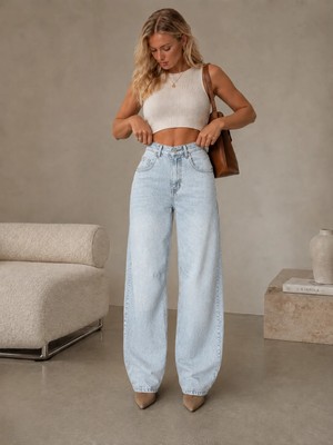 Shevega Kadın Buz Mavi Arka Kemer Tokalı Yüksek Bel Baggy Jeans Salaş Kot Pantolon