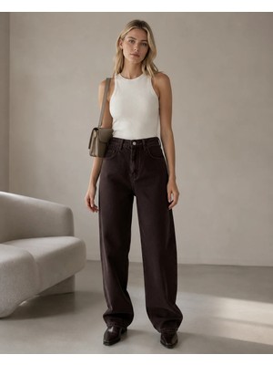 Shevega Kadın Kahverengi Arka Kemer Tokalı Yüksek Bel Baggy Jeans Salaş Kot Pantolon