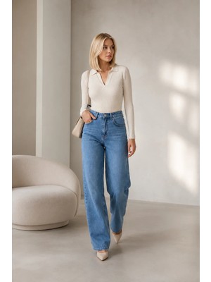 Shevega Kadın Mavi Arka Kemer Tokalı Yüksek Bel Baggy Jeans Salaş Kot Pantolon