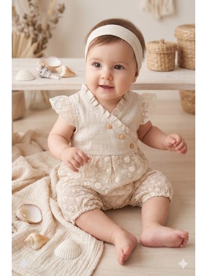 Miomini Kız Bebek Ahşap Düğmeli Dantelli Tulum 3-6-9-12 (Ay)