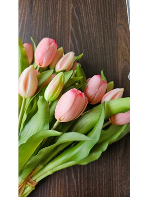 Omelas Yapay Islak Lale Pembe 30 Cm. Islak Dokulu Pembe Lale 7 Dallı. ( 4 Çiçek 3 Tomurcuk)