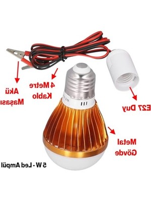Hakay 4 Metre Kablolu 12 V Seyyar LED Ampul | Anahtarlı 5W Aydınlatma Beyaz Işık