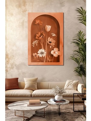 Turuncu Çiçek Baskılı Cam Tablo – Kemer Niş Tasarımlı Modern Floral Dekor