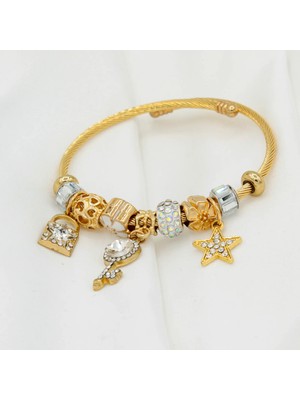 Shekka Yıldız Kilit ve Anahtar Figürlü Taşlı Gold Charm Bileklik