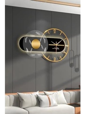 Hakay Dekoratif Metal Ahşap Duvar Saati, Gold Siyah, 40X70 cm