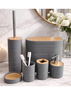 Hakay Bambu Detaylı Banyo Seti, 8l Çöp Kovası ile