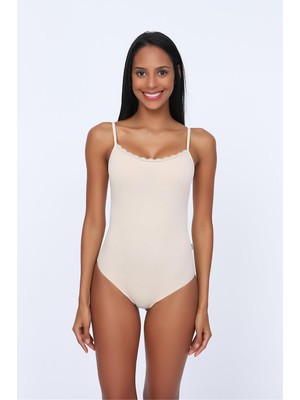 Obje Kadın Ten Cotton İp Askılı Dantelli Çıtçıtlı Body