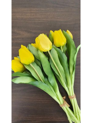 Omelas Yapay Çiçek Islak Lale Islak Dokulu Lale Demet 30 Cm. Sarı 7 Dallı. (4 Çiçek 3 Tomurcuk) Sarı Lale